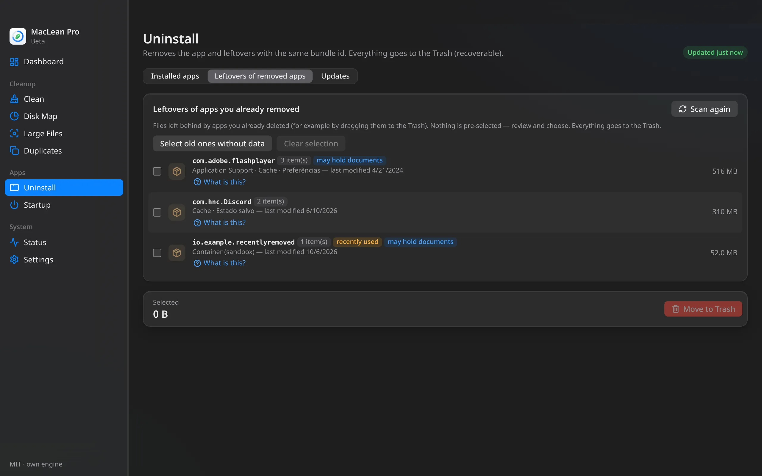 MacLean Pro — Leftovers of removed apps
