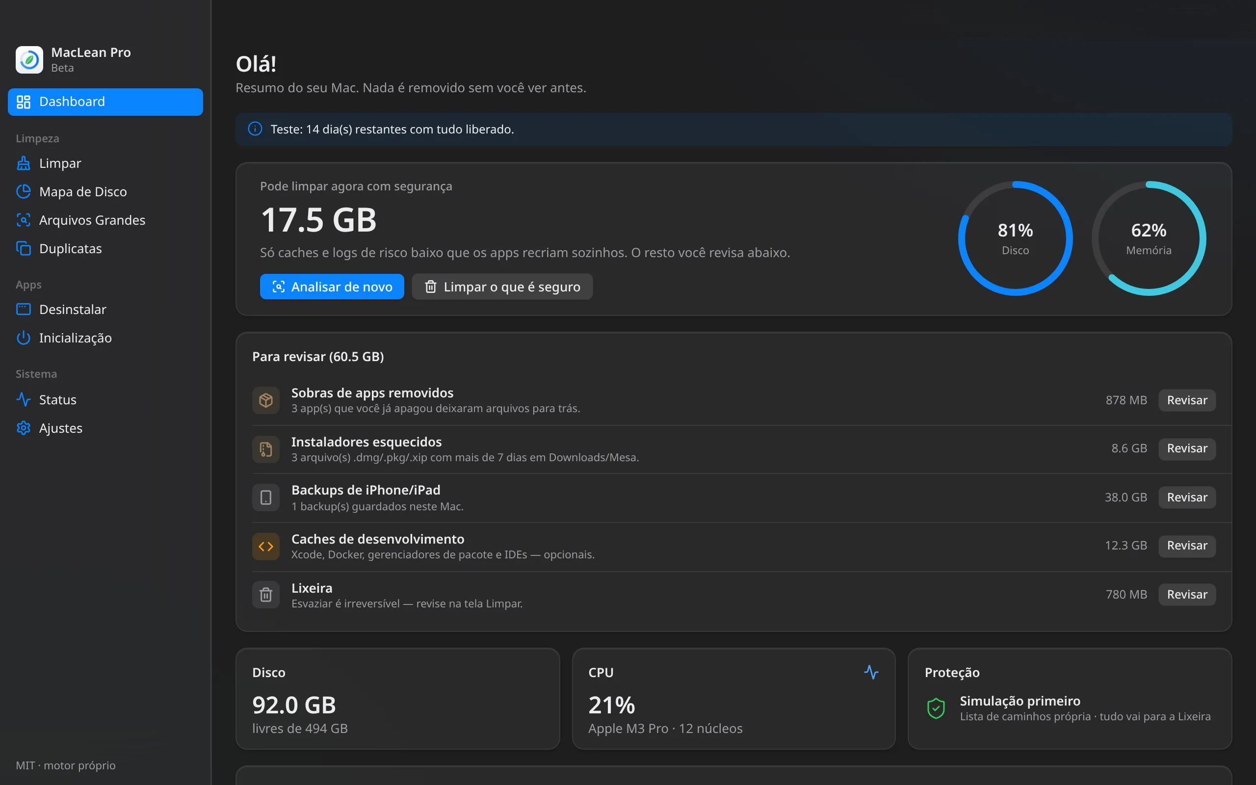 Dashboard do MacLean Pro após a análise em 1 clique: 17,5 GB para limpar com segurança e itens para revisar